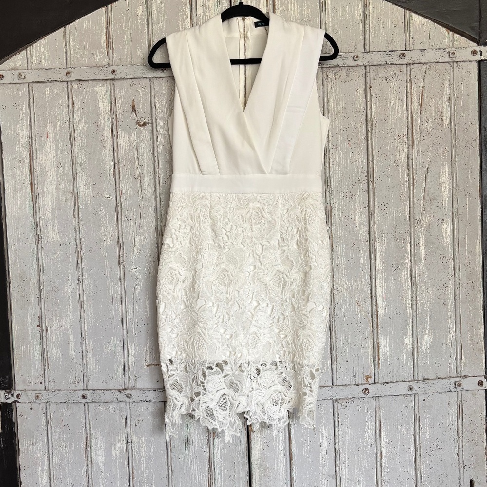 White Sleeveless V-Cut Lace Mini Dress